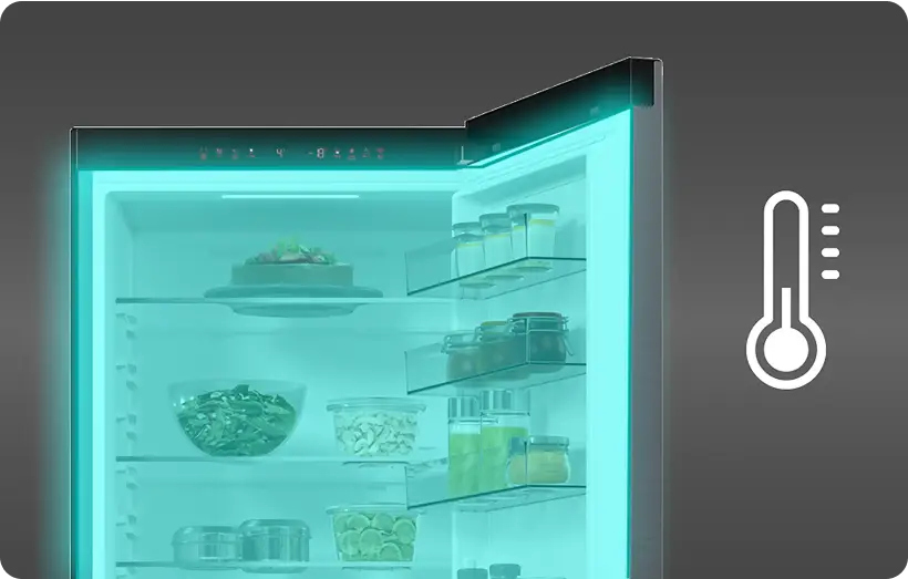 Otwarta lodówka z widocznymi półkami, na których znajdują się różne produkty spożywcze. Obok lodówki widoczna jest ikona termometru.