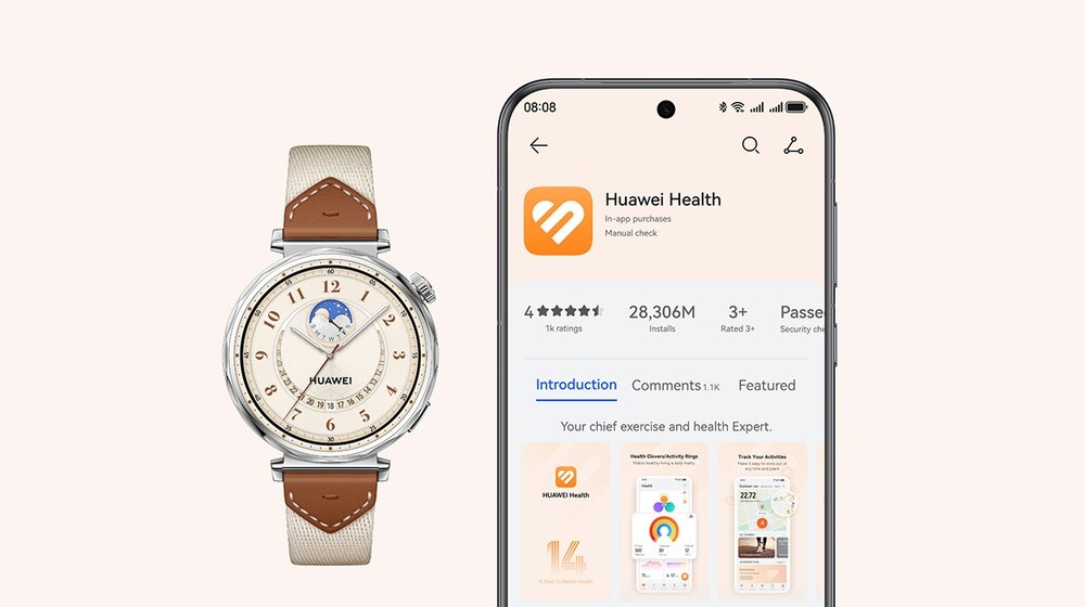 Obraz przedstawia biały smartwatch z brązowym paskiem oraz ekran smartfona z aplikacją Huawei Health. Na ekranie widoczne są oceny aplikacji oraz liczba pobrań: 4 gwiazdki, 28,306M instalacji.