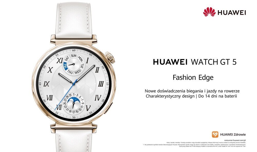 Na obrazie widoczny jest smartwatch z białym paskiem i okrągłą tarczą z rzymskimi cyframi. Obok znajduje się tekst: \'HUAWEI WATCH GT 5 Fashion Edge Nowe doświadczenia biegania i jazdy na rowerze Charakterystyczny design | Do 14 dni na baterii\'.