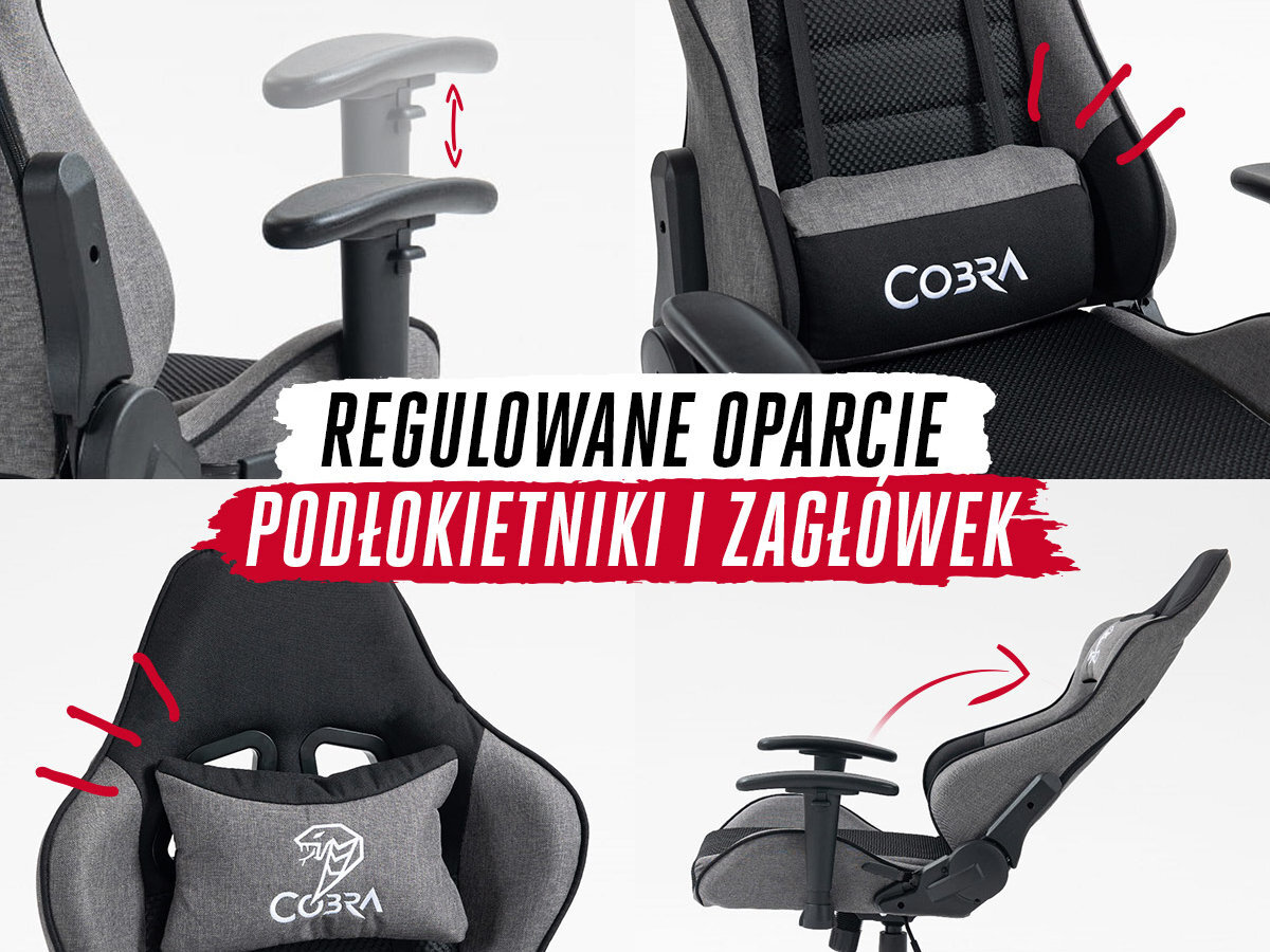 Obraz przedstawia szaro-czarny fotel gamingowy z regulowanymi podłokietnikami i zagłówkiem. Na poduszce widoczny jest napis \'COBRA\', a na obrazie znajduje się tekst: \'REGULOWANE OPARCIE PODŁOKIETNIKI I ZAGŁÓWEK\'.