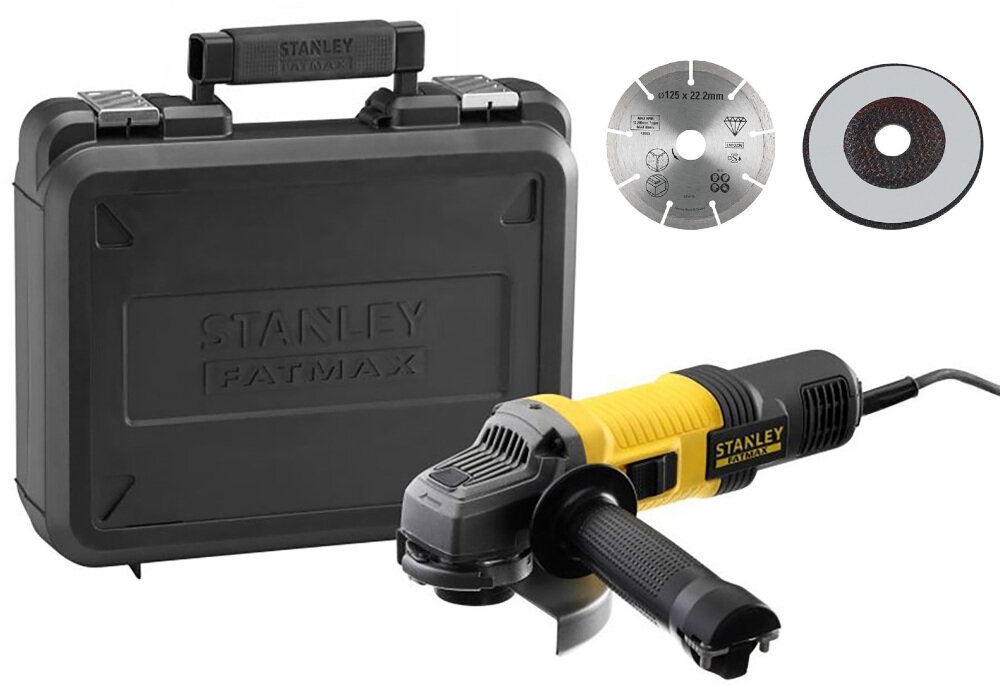 Szlifierka kątowa STANLEY FMEG220KA w zestawie walizka narzędziowa rękojeść boczna tarcz diamentowa tarcza do metalu instrukcja obsługi w języku polskim karta gwarancyjna