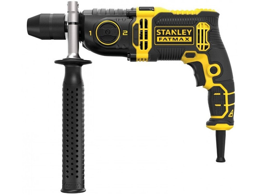 Wiertarka udarowa STANLEY FMEH1100K wiertarka na białym tle widoczna z boku z góry wszechstronne narzędzie do wiercenia w betonie, drewnie, metalu i innych twardych materiałach moc 1100 W maksymalna prędkość do 3200 obr./min wysoka częstotliwość udarów szybkie i skuteczne wiercenie w twardych powierzchniach