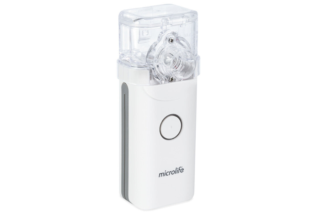 Na obrazie widoczny jest biały inhalator z przezroczystą górną częścią i przyciskiem na przedniej stronie. Na urządzeniu znajduje się logo \'microlife\'.