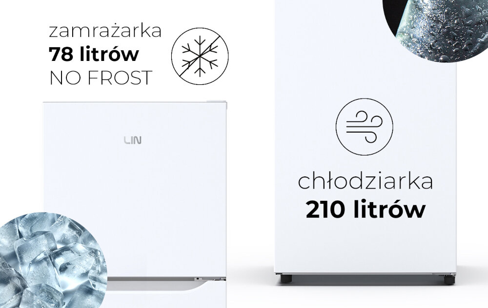 Obraz przedstawia białą lodówkę z napisem \'LIN\'. Po lewej stronie widnieje tekst: \'zamrażarka 78 litrów NO FROST\', a po prawej: \'chłodziarka 210 litrów\'.