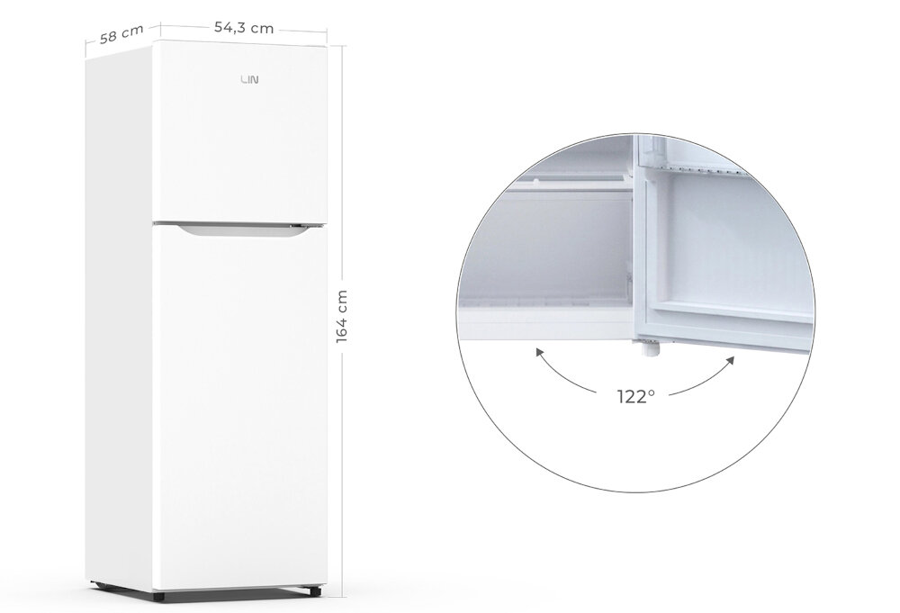 Biała lodówka LIN o wysokości 164 cm z oznaczeniem No Frost, z widocznymi wymiarami 58 cm i 54,3 cm. Obok znajduje się zbliżenie na otwarte drzwi lodówki z kątem otwarcia 122°.