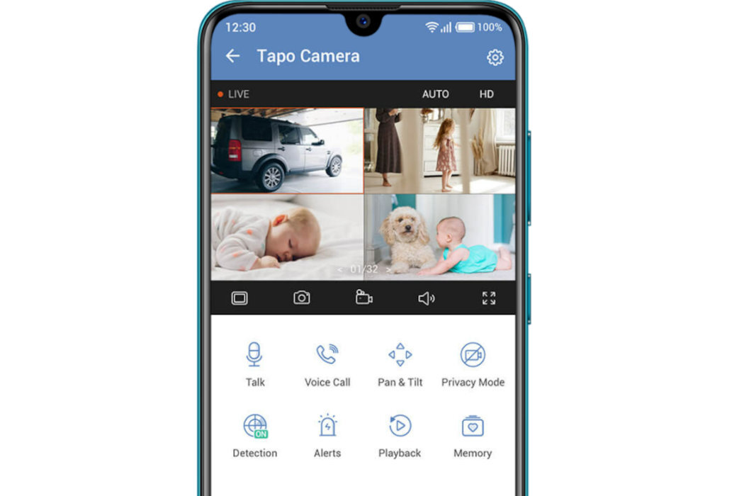 Ekran aplikacji Tapo Camera na smartfonie pokazuje podgląd z kamery z czterema obrazami: samochód, dziecko z psem, śpiące dziecko i osoba z dzieckiem. Na dole ekranu znajdują się ikony funkcji, takie jak Talk, Voice Call, Pan & Tilt, Privacy Mode, Detection, Alerts, Playback i Memory.