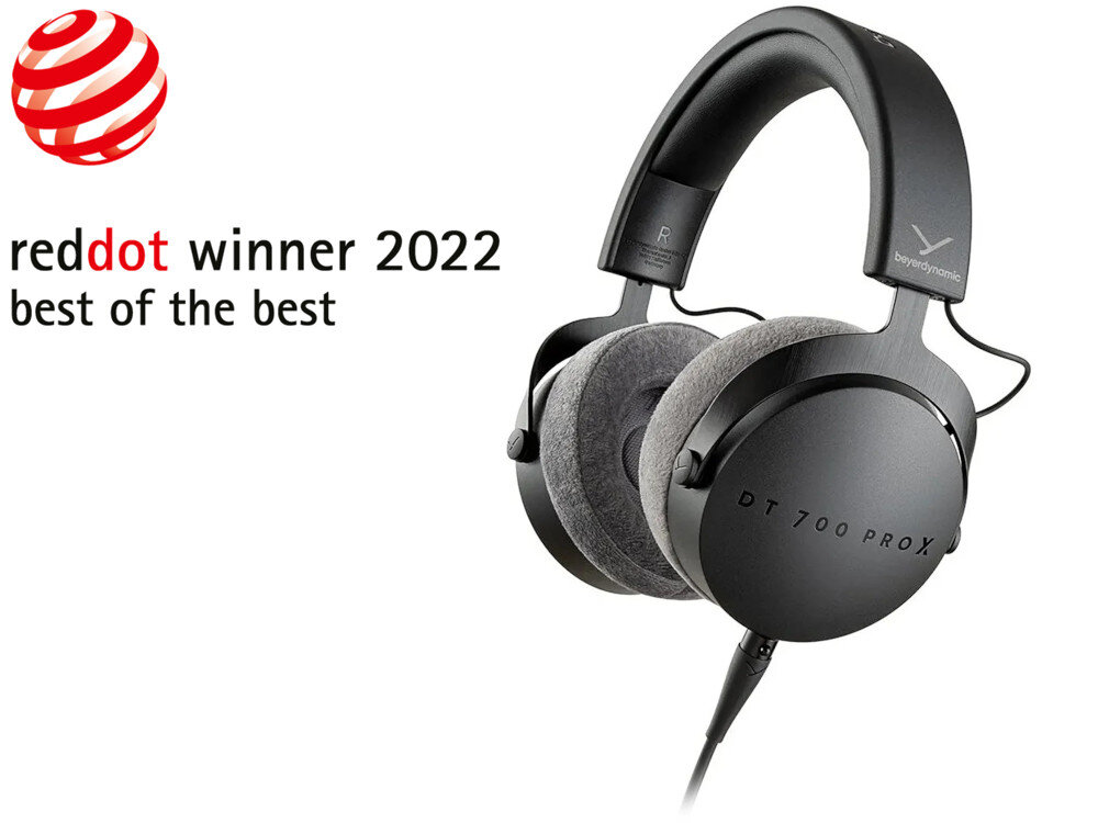 Czarne słuchawki nauszne z szarymi poduszkami, oznaczone jako DT 700 PRO X. Widoczny tekst: \'reddot winner 2022 best of the best\'.