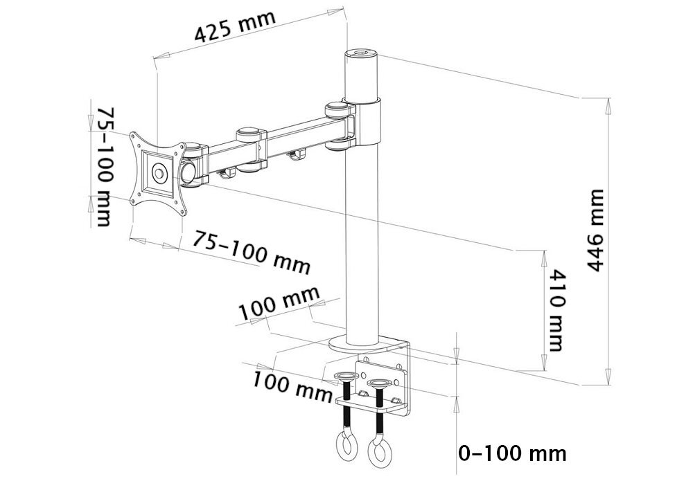 Schemat uchwytu do monitora z wymiarami: 425 mm, 75-100 mm, 446 mm, 410 mm, 100 mm, 0-100 mm. Widoczne elementy montażowe i regulacyjne.
