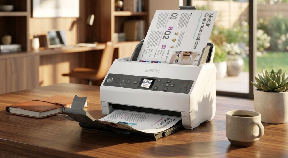 Na drewnianym stole znajduje się skaner EPSON z dokumentami w trakcie skanowania. W tle widać rozmyty widok wnętrza z rośliną i kubkiem.
