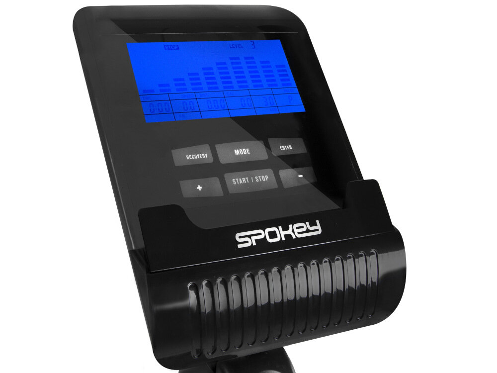 Panel sterowania roweru magnetycznego z wyświetlaczem LCD, na którym widoczne są przyciski: RECOVERY, MODE, ENTER, START/STOP oraz logo SPOKEY.