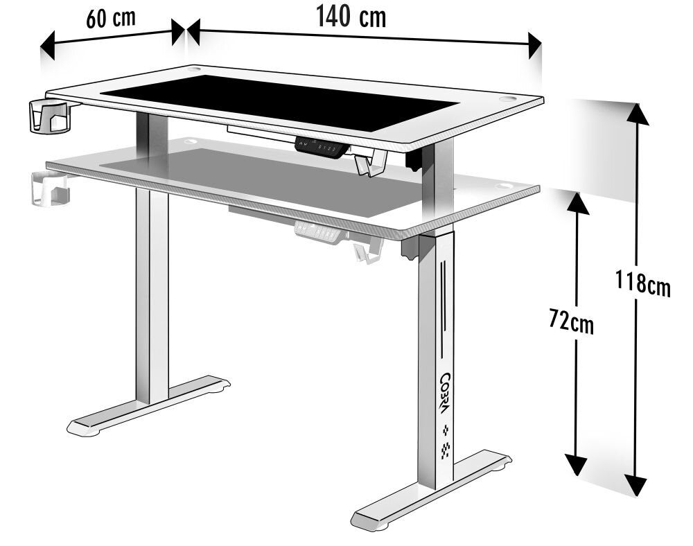 Ilustracja przedstawia biurko gamingowe z białym blatem i czarną podkładką, z wymiarami 140 cm szerokości, 60 cm głębokości i regulowaną wysokością od 72 cm do 118 cm. Na nodze biurka widoczne jest logo \'COBRA\'.