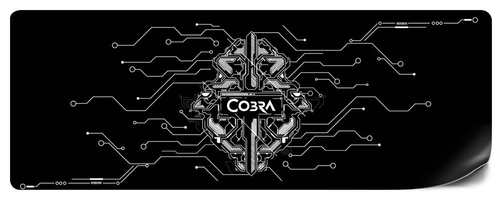 Czarny prostokątny element z białym wzorem przypominającym obwody elektroniczne i napisem \'COBRA\' pośrodku.