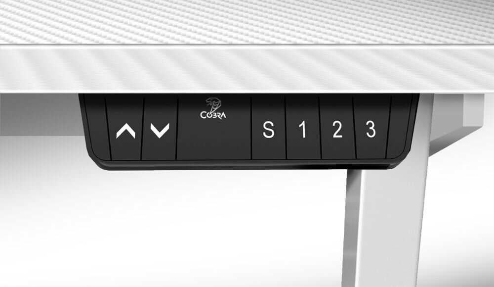 Panel sterowania z przyciskami w górę, w dół, logo COBRA oraz przyciskami S, 1, 2, 3 na białym biurku.