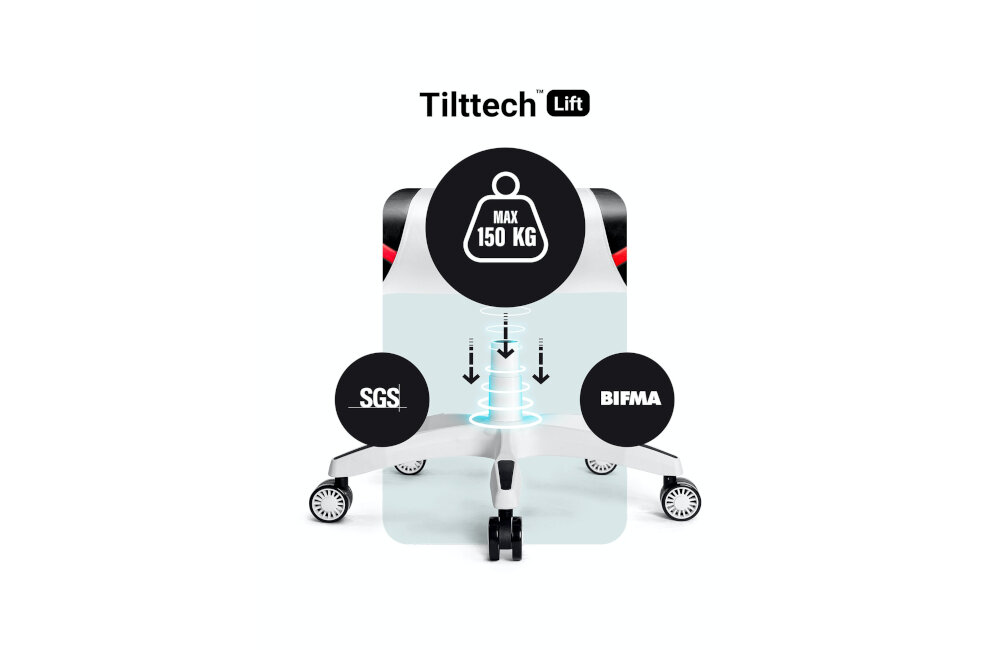 Obraz przedstawia mechanizm Tilttech Lift z maksymalnym obciążeniem 150 kg, z certyfikatami SGS i BIFMA. Widoczne są elementy konstrukcji fotela z kółkami.