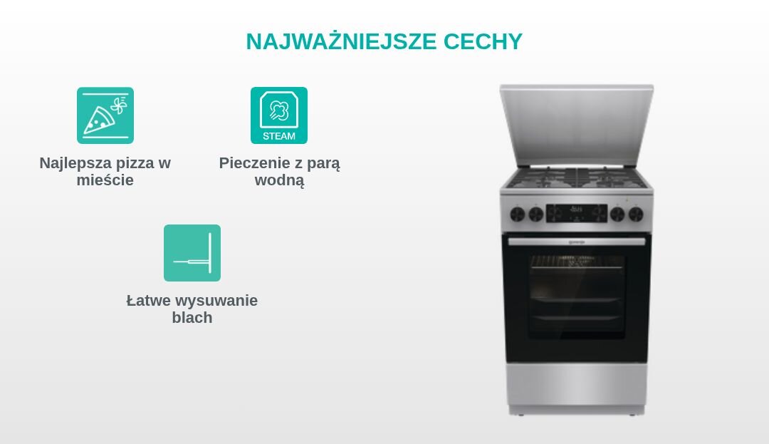 Obraz przedstawia kuchnię GORENJE z otwartym piekarnikiem oraz trzy ikony z napisami: \'Najlepsza pizza w mieście\', \'Pieczenie z parą wodną\', \'Łatwe wysuwanie blach\'.