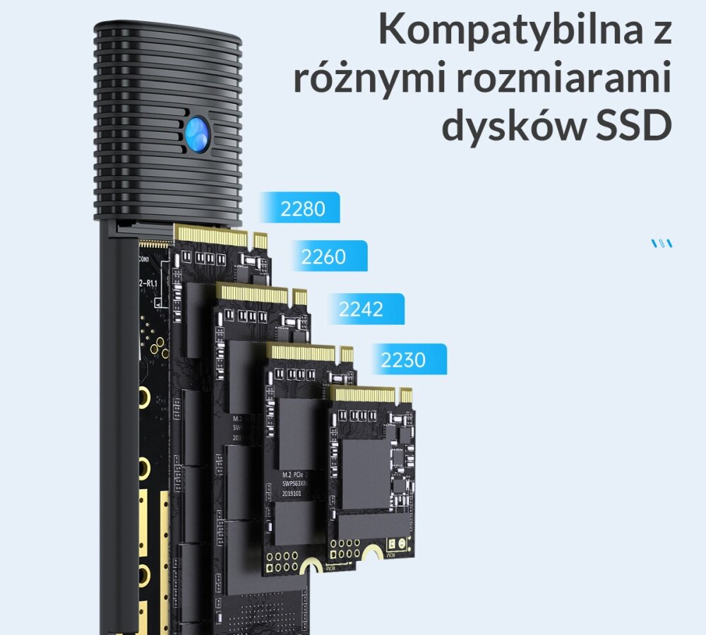 Obraz przedstawia obudowę dysku z kilkoma dyskami SSD w różnych rozmiarach: 2280, 2260, 2242, 2230. Na obrazie znajduje się tekst: \'Kompatybilna z różnymi rozmiarami dysków SSD\'.