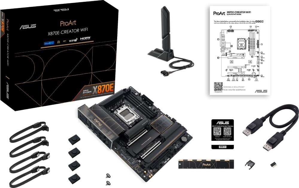 Na obrazie znajduje się płyta główna z akcesoriami, w tym kable, antena, instrukcja oraz opakowanie z napisem \'ProArt X870E-Creator WiFi\'. Widoczne są również elementy montażowe i naklejki z logo ASUS.