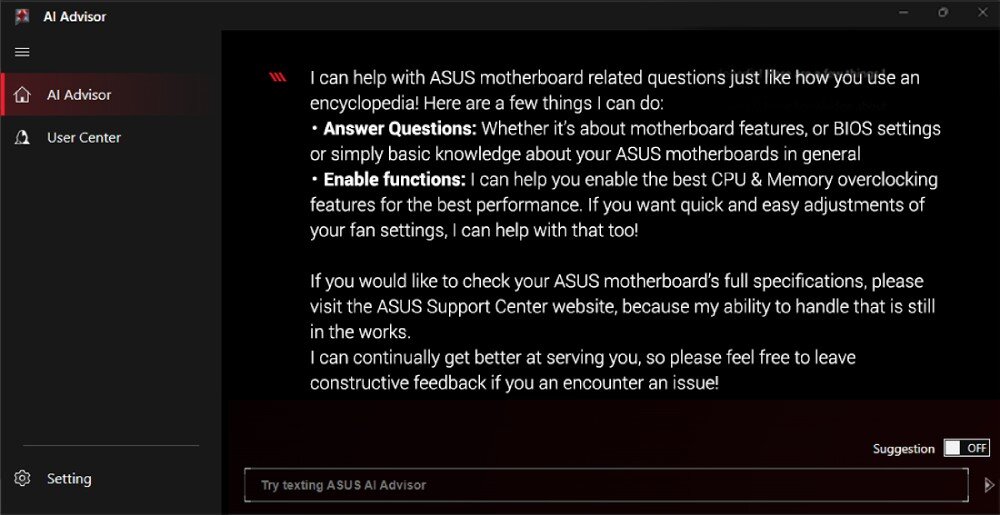 Interfejs aplikacji AI Advisor z tekstem dotyczącym pomocy w pytaniach związanych z płytami głównymi ASUS. Widoczne są opcje takie jak \'Answer Questions\' i \'Enable functions\', a także pole tekstowe do wpisywania zapytań.