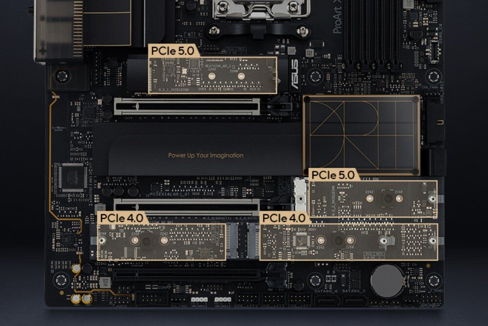 Obraz przedstawia płytę główną z widocznymi slotami PCIe oznaczonymi jako PCIe 5.0 i PCIe 4.0. Na płycie widoczny jest napis \'Power Up Your Imagination\' oraz logo ASUS.