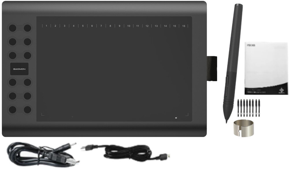 Na obrazie znajduje się tablet graficzny z kilkoma przyciskami po jednej stronie, rysik, kabel oraz zestaw wymiennych końcówek. Widoczne jest logo \'GAOMON\' na tablecie.