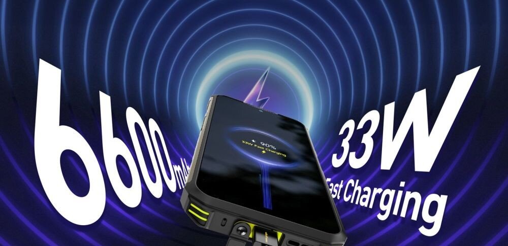 Obraz przedstawia smartfon z wyświetlaczem, na którym widoczna jest ikona ładowania. W tle znajdują się napisy \'6600 mAh\' i \'33W Fast Charging\'.
