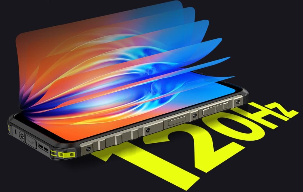Obraz przedstawia smartfon z wyświetlaczem, na którym widoczny jest kolorowy wzór. Obok urządzenia znajduje się duży napis \'120Hz\'.