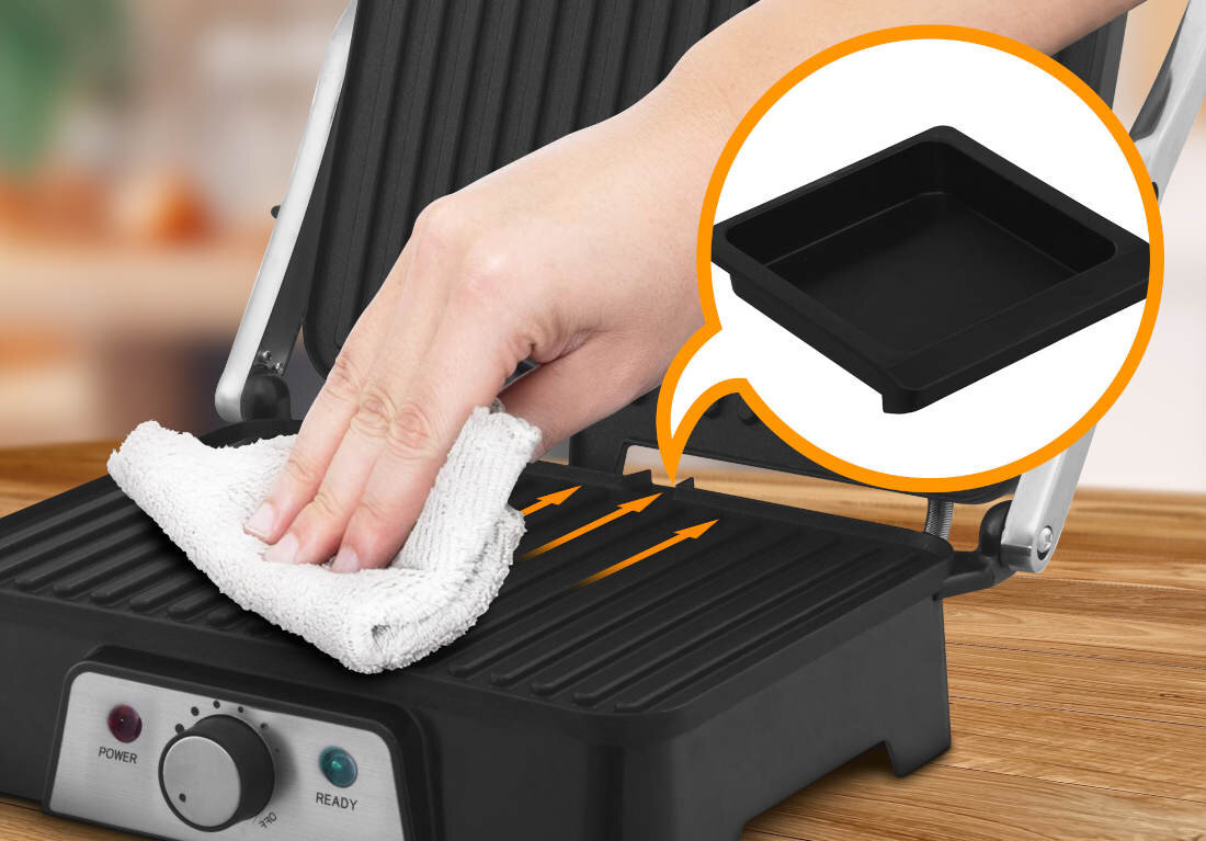 Osoba czyści grill elektryczny za pomocą białej ściereczki, a obok widoczna jest powiększona tacka ociekowa. Na panelu grilla znajdują się dwa przyciski oznaczone jako \'POWER\' i \'READY\'.