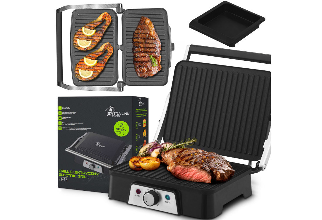 Na obrazie widoczny jest grill elektryczny z otwartą pokrywą, na którym znajdują się kawałki mięsa i warzywa. Obok znajduje się opakowanie z napisem \'GRILL ELEKTRYCZNY ELECTRIC GRILL SJ-36\' oraz logo \'EXTRALINK\'.