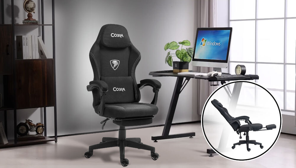 Czarny fotel gamingowy z logo \'COBRA\' stoi w nowoczesnym wnętrzu obok biurka z komputerem. W prawym dolnym rogu znajduje się okrągłe zdjęcie przedstawiające fotel w pozycji rozłożonej z podnóżkiem.