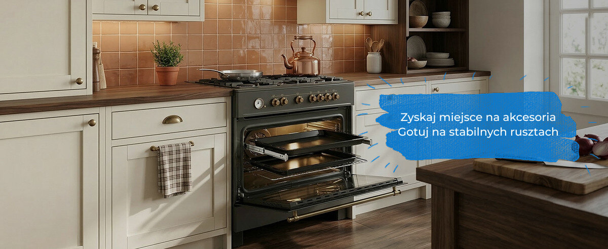 Kuchnia z otwartym piekarnikiem, na którym znajdują się blachy do pieczenia. Na obrazie widoczny jest tekst: \'Zyskaj miejsce na akcesoria Gotuj na stabilnych rusztach\'.
