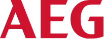 Logo AEG w kolorze czerwonym na przezroczystym tle.