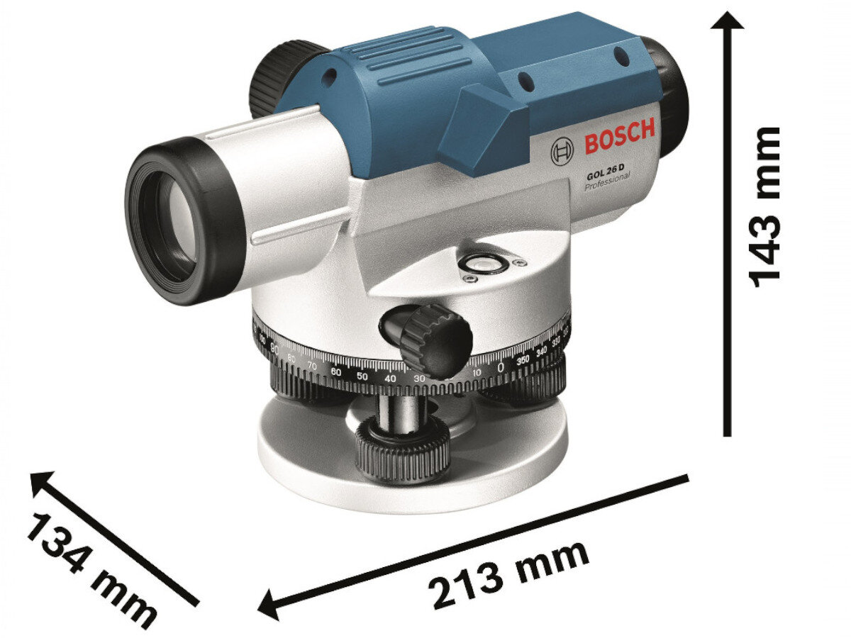 Niwelator optyczny z niebiesko-srebrną obudową, oznaczony logo BOSCH i napisem \'GOL 26 D Professional\'. Wymiary urządzenia to 134 mm x 213 mm x 143 mm.