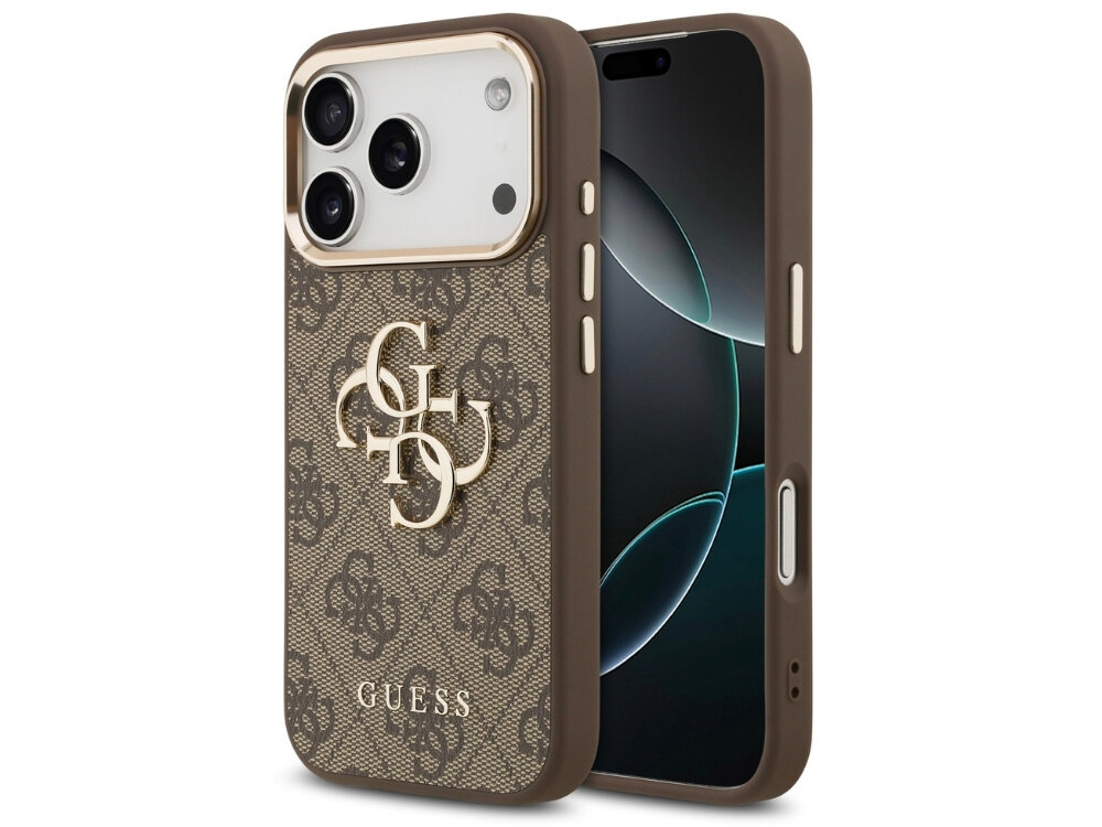 Brązowe etui na telefon z wzorem 4G i logo GUESS, przeznaczone dla modelu Apple iPhone. Etui posiada wycięcia na aparat i przyciski boczne.