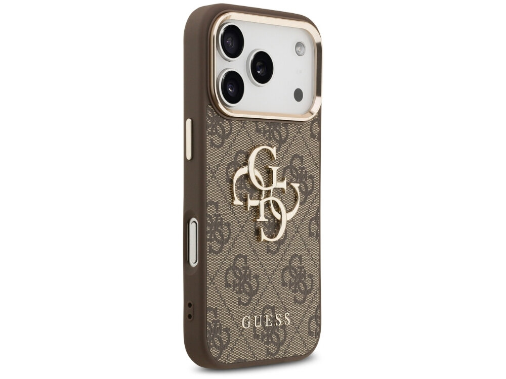 Brązowe etui na telefon z wzorem 4G i dużym logo GUESS na środku. Na dole widoczny jest napis \'GUESS\'.