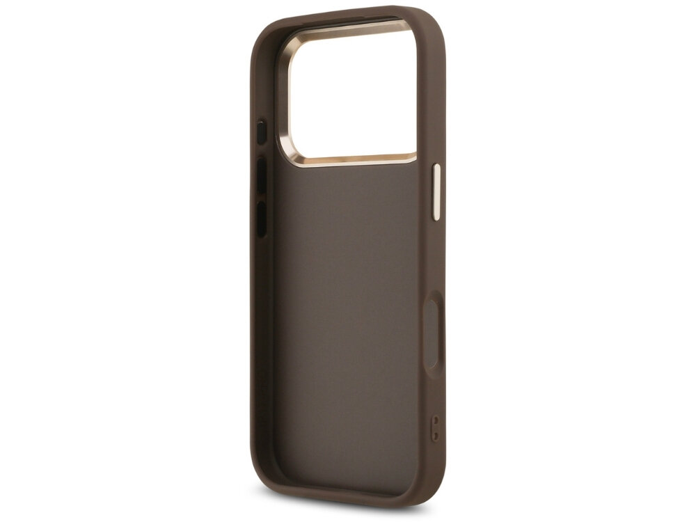 Brązowe etui na telefon z dużym otworem na aparat i przyciskami bocznymi. Wnętrze etui jest wykończone w jasnym kolorze.