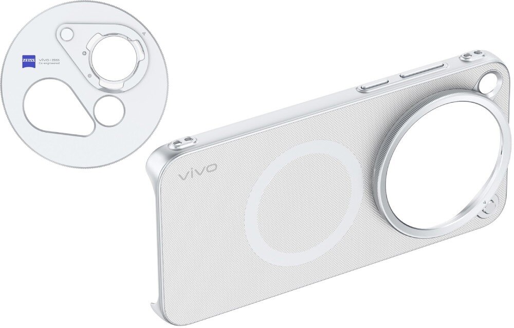 Etui VIVO z Adapterem do Telekonwertera do X500 Pro Max Srebrny Etui na telefon z teksturowanymi pleckami, pierścieniem magnetycznym, dużym wycięciem na aparat i dodatkowym elementem ochronnym w lewym górnym rogu