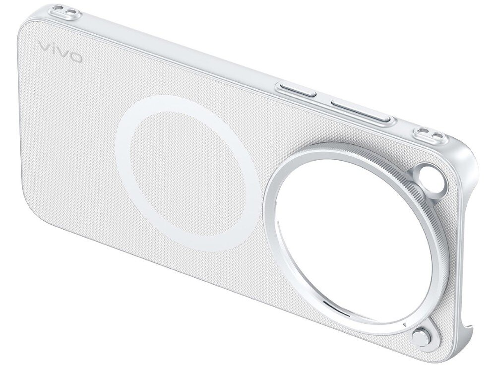Etui VIVO z Adapterem do Telekonwertera do X500 Pro Max Srebrny Etui na telefon ukazane pod kątem z widoczną fakturą powierzchni, pierścieniem magnetycznym, dużym okrągłym wycięciem oraz przyciskami na krawędzi