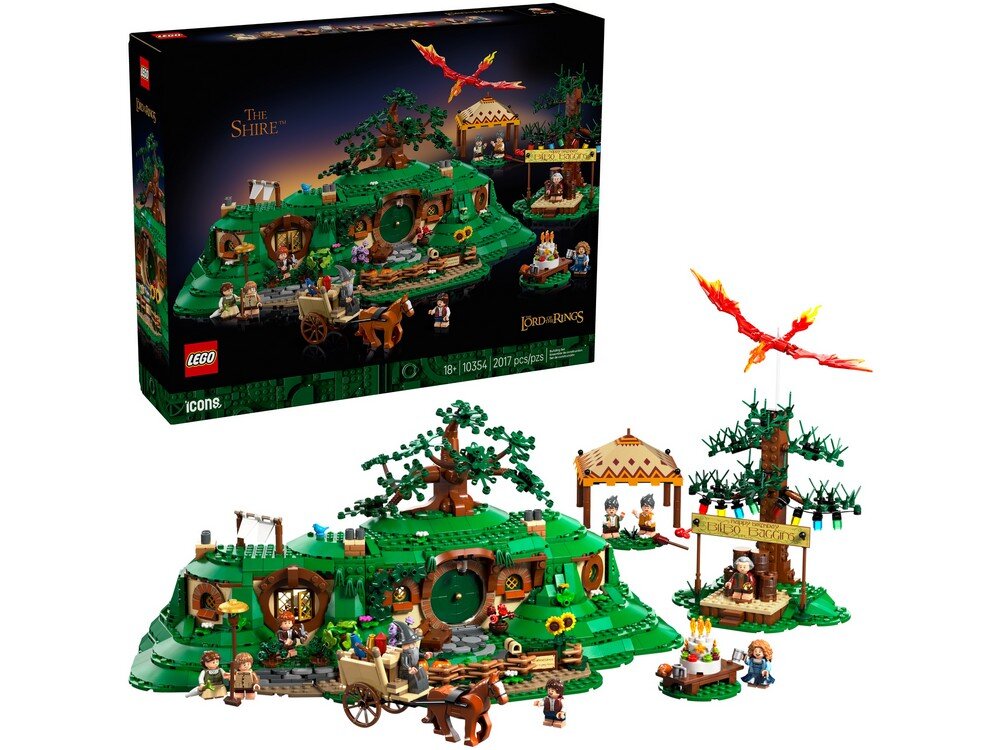 Zestaw LEGO przedstawia scenę z zielonym wzgórzem, domkiem z okrągłymi drzwiami i drzewem. Na opakowaniu widnieje napis \'The Shire\' oraz logo LEGO i Icons.