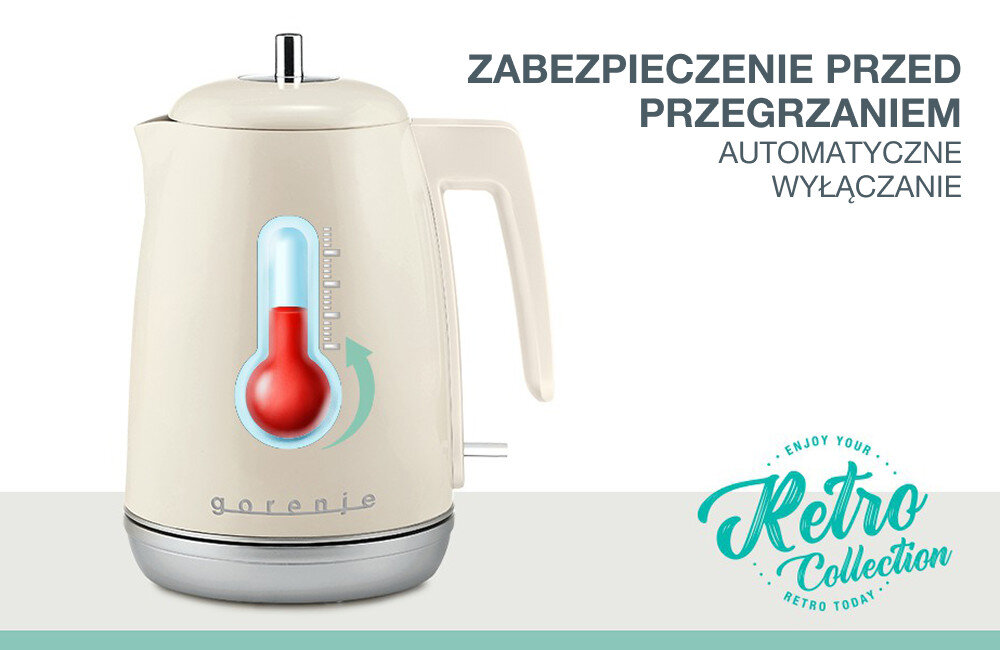 Beżowy czajnik z logo \'gorenje\' i grafiką termometru na boku. Tekst: \'ZABEZPIECZENIE PRZED PRZEGRZANIEM AUTOMATYCZNE WYŁĄCZANIE\' oraz \'ENJOY YOUR Retro Collection RETRO TODAY\'.