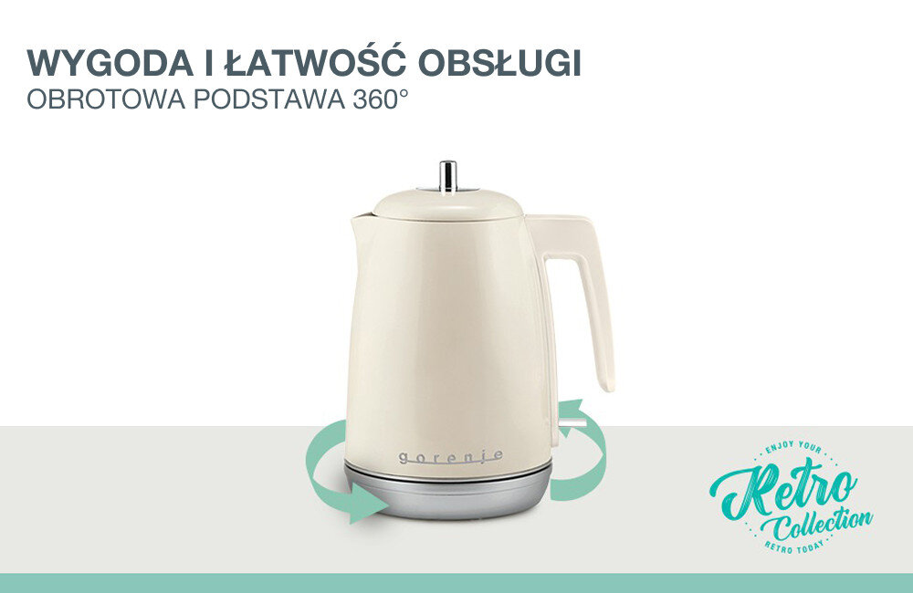 Obraz przedstawia czajnik w kolorze kremowym z napisem \'gorenje\' na dole. Tekst na obrazie: \'WYGODA I ŁATWOŚĆ OBSŁUGI OBROTOWA PODSTAWA 360°\' oraz \'Retro Collection\'.