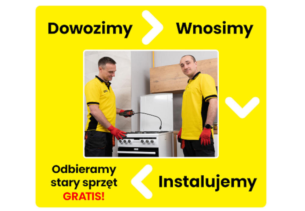 Dwóch mężczyzn w żółtych koszulkach i czerwonych rękawicach stoi przy kuchence. Tekst na żółtym tle: \'Dowozimy\', \'Wnosimy\', \'Odbieramy stary sprzęt GRATIS!\', \'Instalujemy\'.