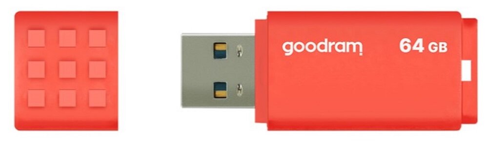 Pomarańczowy pendrive z napisem \'goodram 64 GB\' oraz zdejmowaną zatyczką z wypukłymi kwadratami.