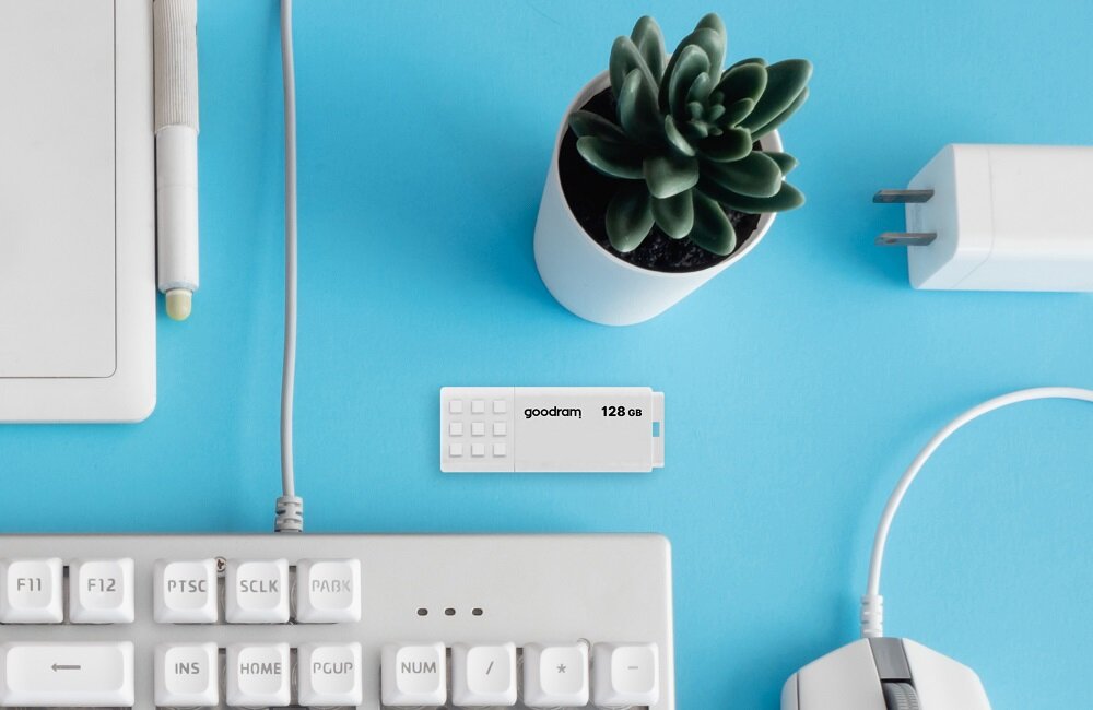 Na niebieskim tle znajduje się biały pendrive z napisem \'goodram 128 GB\', obok klawiatury, myszki, rośliny w doniczce i ładowarki.