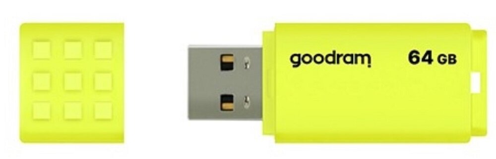 Żółty pendrive z napisem \'goodram 64 GB\' oraz zdejmowaną zatyczką z kwadratowym wzorem.