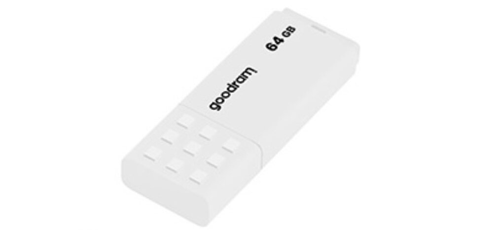 Biały pendrive z napisem \'goodram\' oraz oznaczeniem pojemności \'64 GB\'.