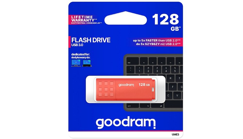 Opakowanie pendrive\'a GOODRAM UME3 128GB w kolorze pomarańczowym z napisem \'goodram 128 GB\' na tle klawiatury. Na opakowaniu widnieje tekst \'LIFETIME WARRANTY\', \'FLASH DRIVE USB 3.0\', \'up to 5x FASTER than USB 2.0\', oraz logo \'goodram\'.