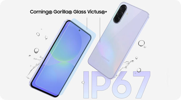 Dwa smartfony pokazane z przodu i z tyłu, z widocznym napisem \'Corning® Gorilla® Glass Victus®+\'. Obok nich znajduje się duży napis \'IP67\'.