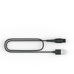 Czarny kabel USB z jednym końcem zakończonym standardowym złączem USB, a drugim złączem okrągłym. Kabel jest ułożony w kształt litery U na czarnym tle.