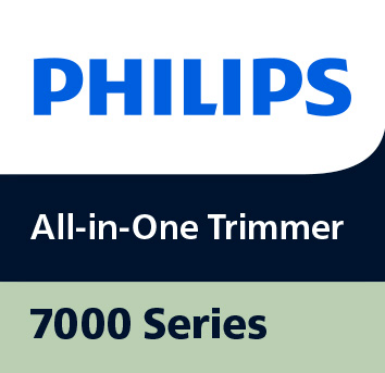 Logo PHILIPS na białym tle z napisem \'All-in-One Trimmer\' poniżej na ciemnym tle oraz \'7000 Series\' na jasnym tle.