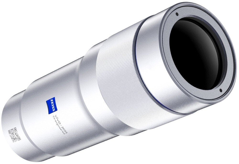 Telekonwerter VIVO Zeiss 200 mm Gen 2 do X500/X Fold6 /X300 Ultra Cylindryczne akcesorium optyczne usytuowane pionowo, obok napis logo oraz napis informujący o ekwiwalencie ogniskowej 200 mm